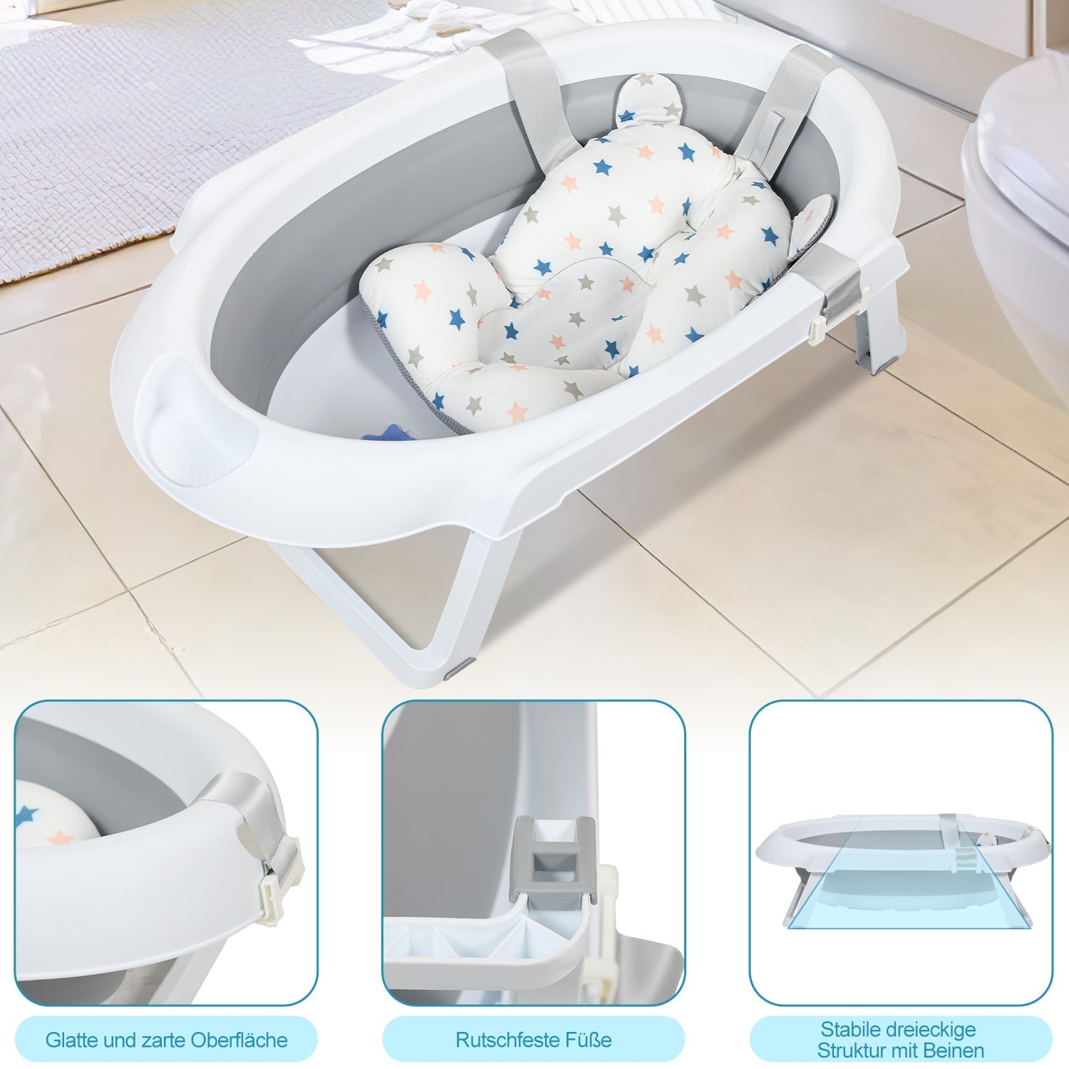 Jopassy faltbare Babybadewanne 85 x 47 x 21 cm mit Gestell und Badematte