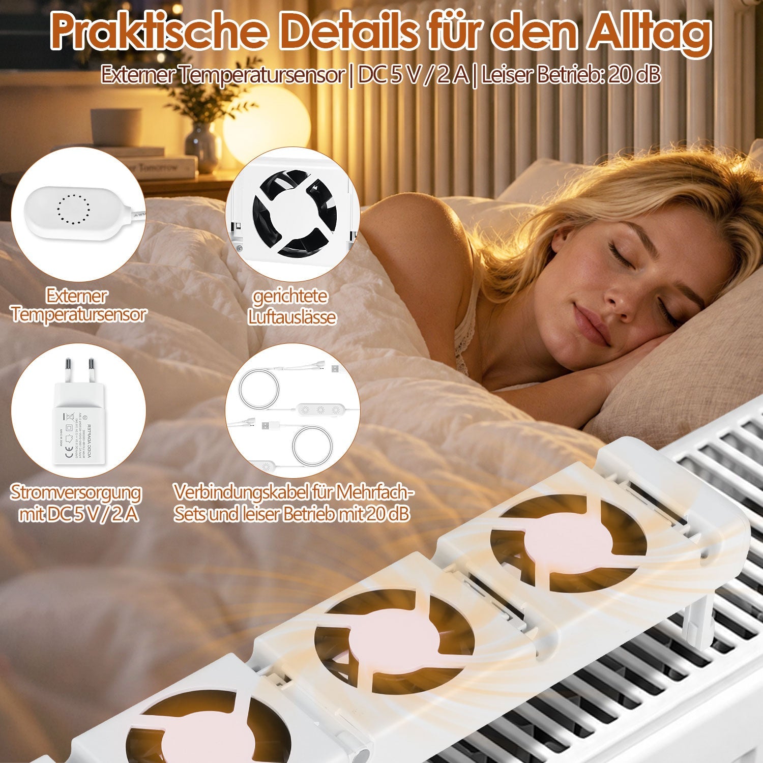 Jopassy Heizkörperventilator 3/5 Lüfter mit Temperatursensor 5 Stufen für Warmwasser Heizkörper