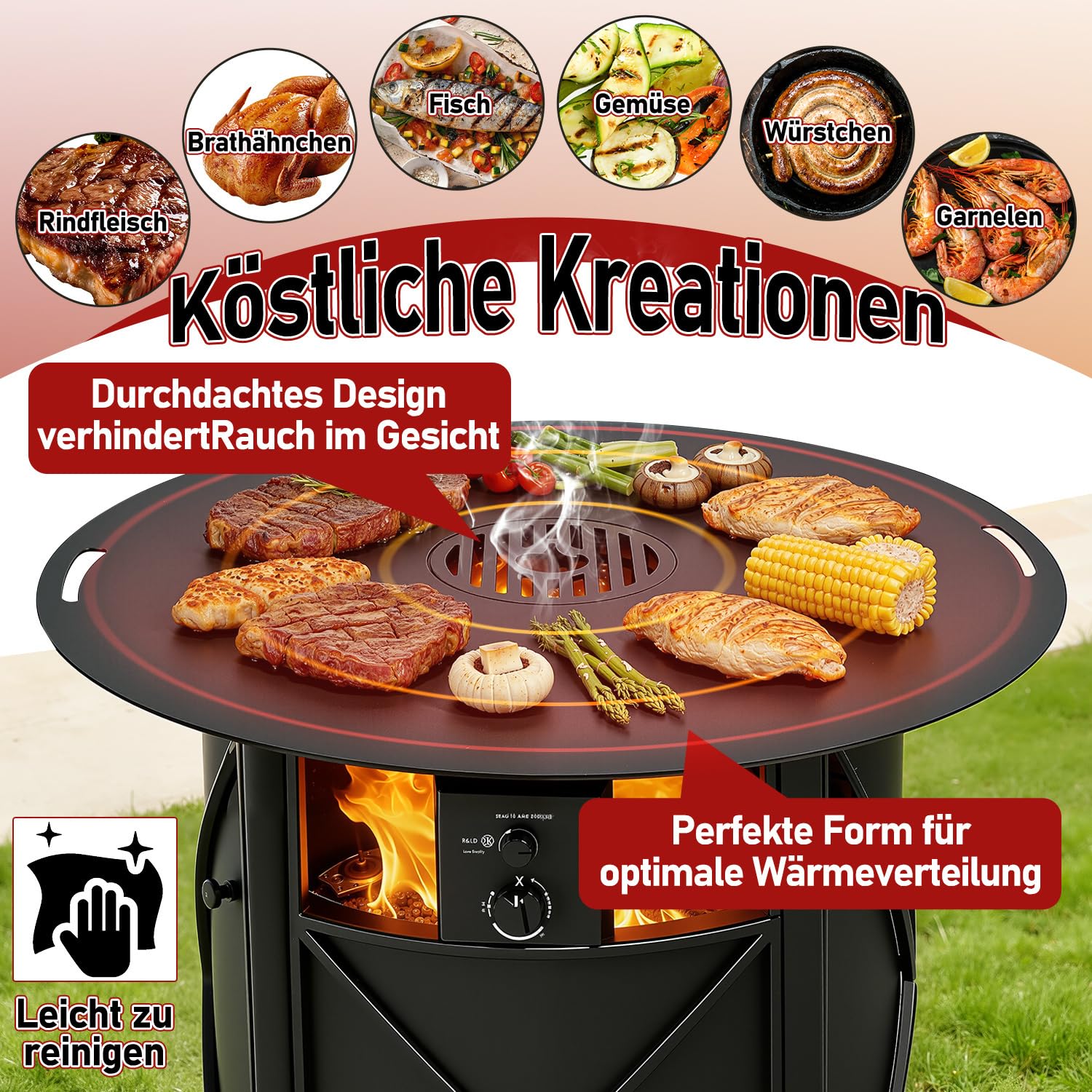 Jopassy Feuerplatte 80 cm aus 5 mm Carbonstahl mit herausnehmbarem Grilleinsatz