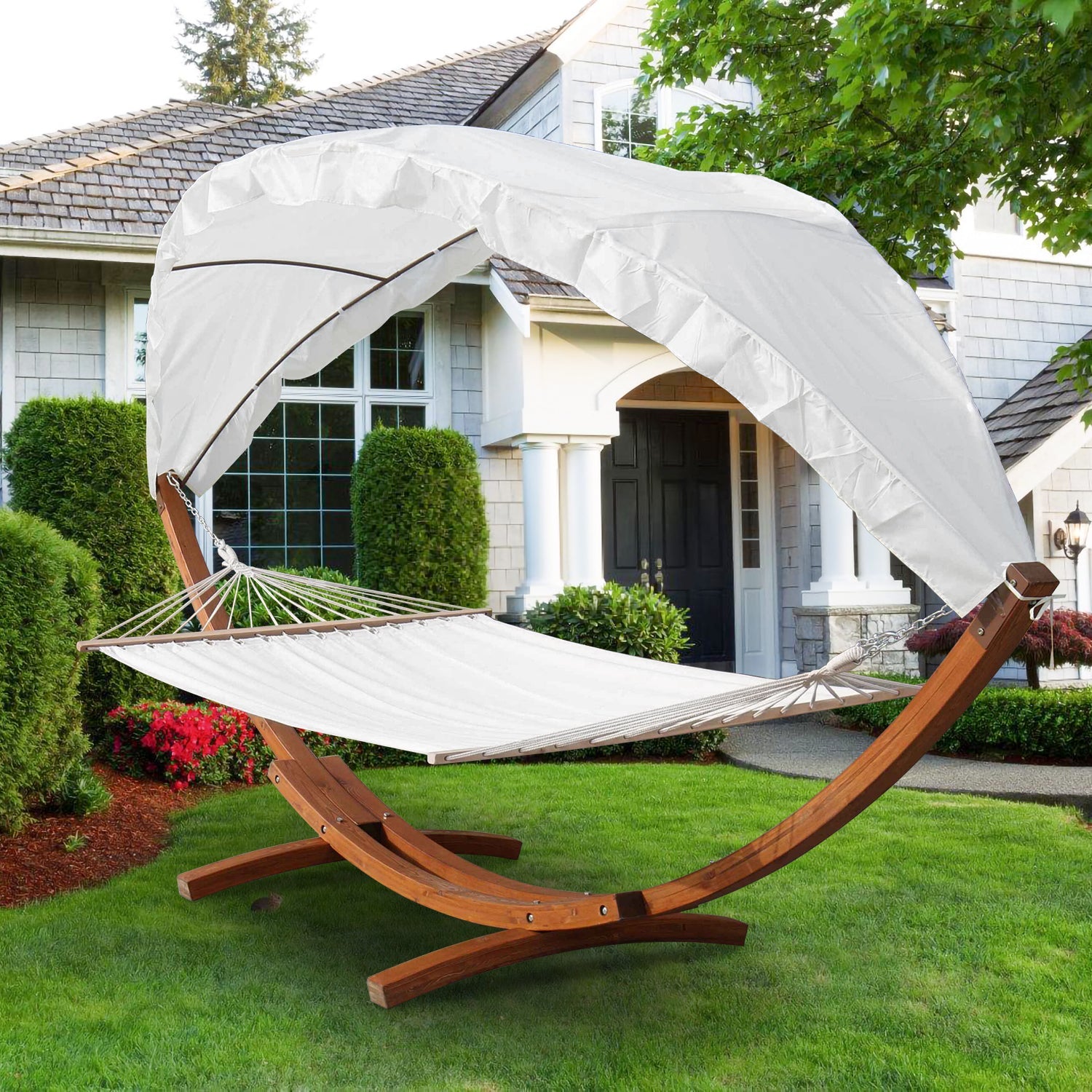 Jopassy Hängematten mit Gestell Outdoor Holz Hängematte mit Dach Hängemattengestell 200×150cm, Hängesessel 2 Personen Belastbarkeit 200kg