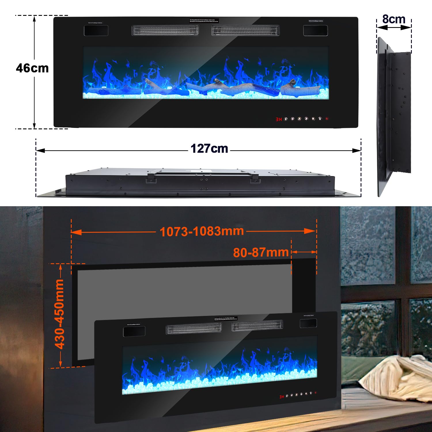 Jopassy Elektrokamin 127 cm 1500W für Wand und Einbau mit App und Fernbedienung