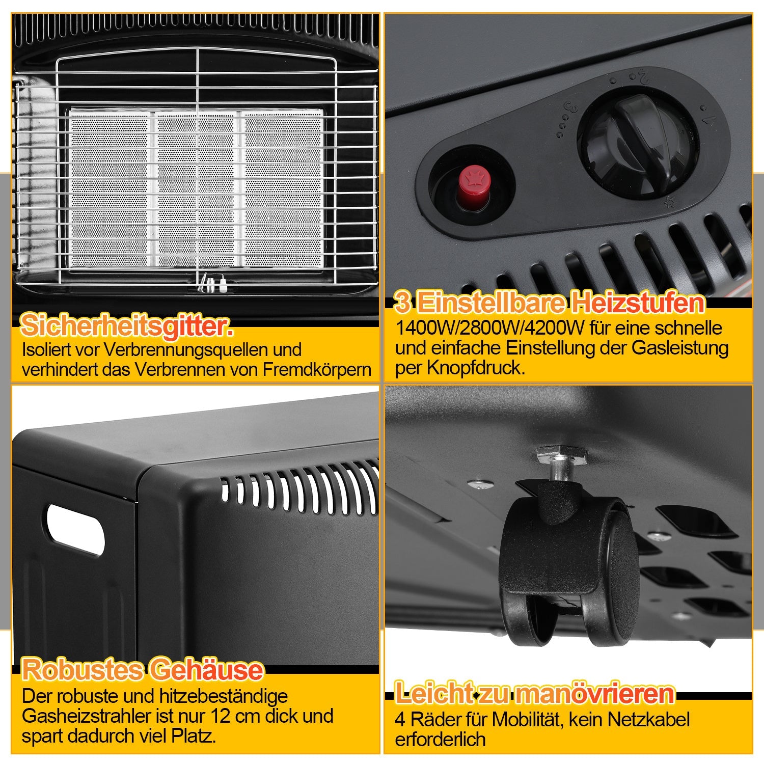 Jopassy Gasofen 4200W für Propan und Butan mit Druckregler Adapter und Rollen