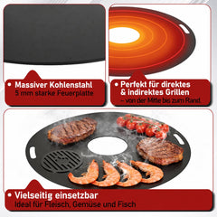 Jopassy Feuerplatte 80 cm aus 5 mm Carbonstahl mit herausnehmbarem Grilleinsatz