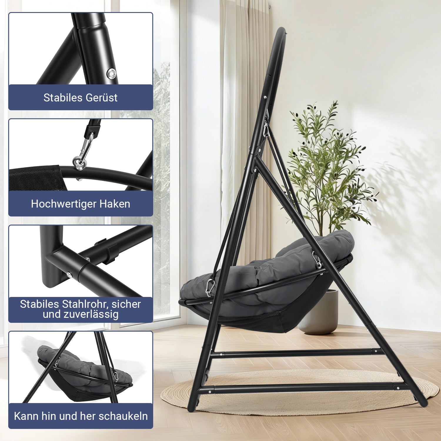 Jopassy Hängesessel mit Gestell und Kissen, höhenverstellbar bis 150 kg, für Garten und Balkon