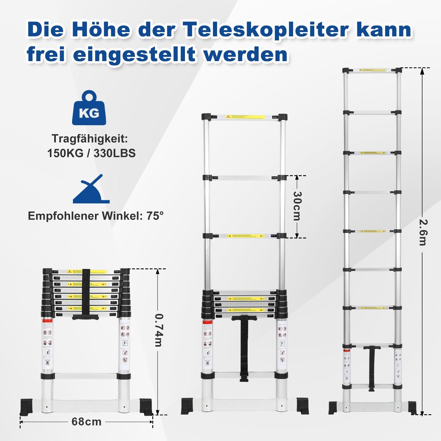Jopassy Teleskopleiter Aluminium 2,6–5 m mit Stabilisator und breiten Trittstufen bis 150 kg