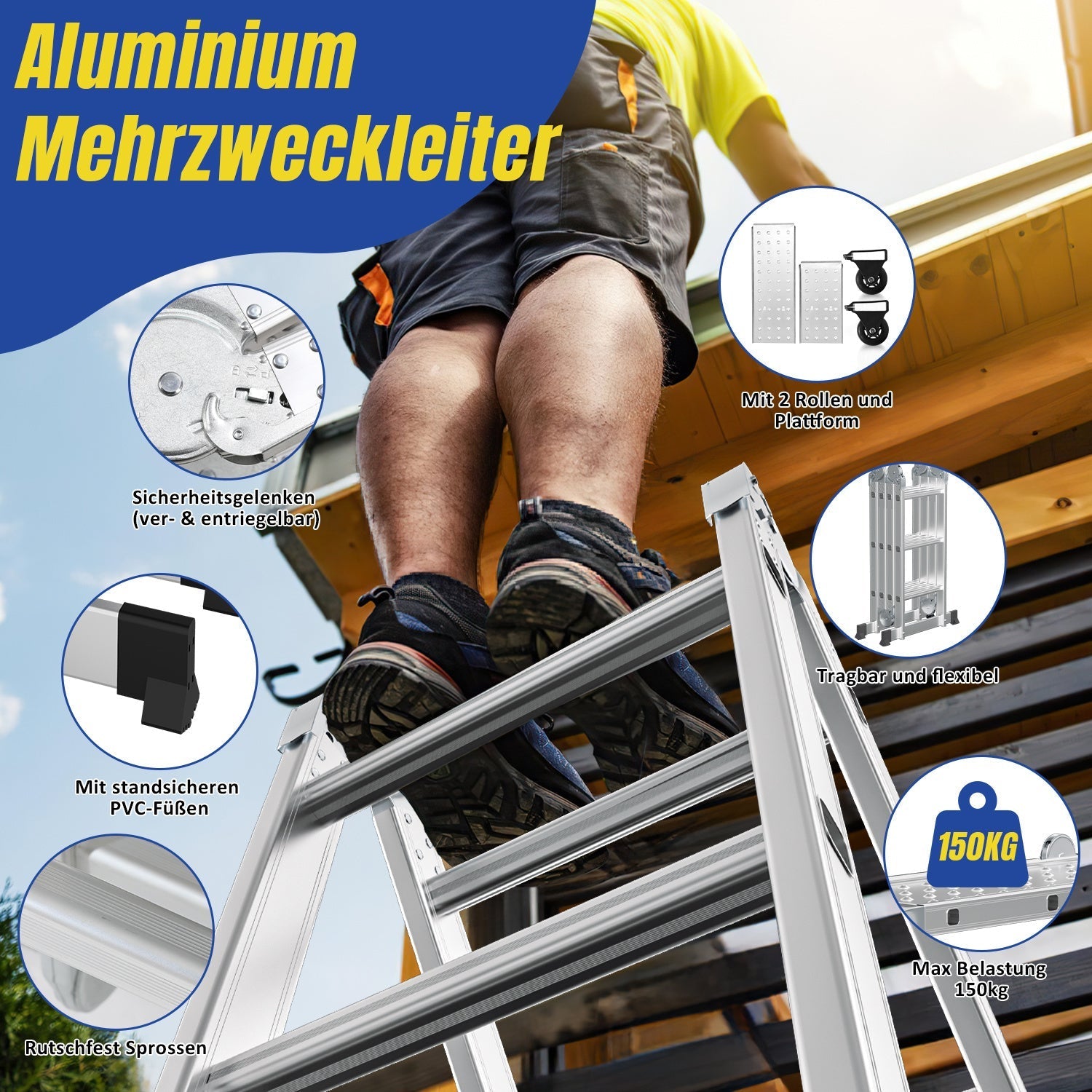 Jopassy Mehrzweckleiter Aluminium Klappleiter 7 in 1 mit Arbeitsplattform