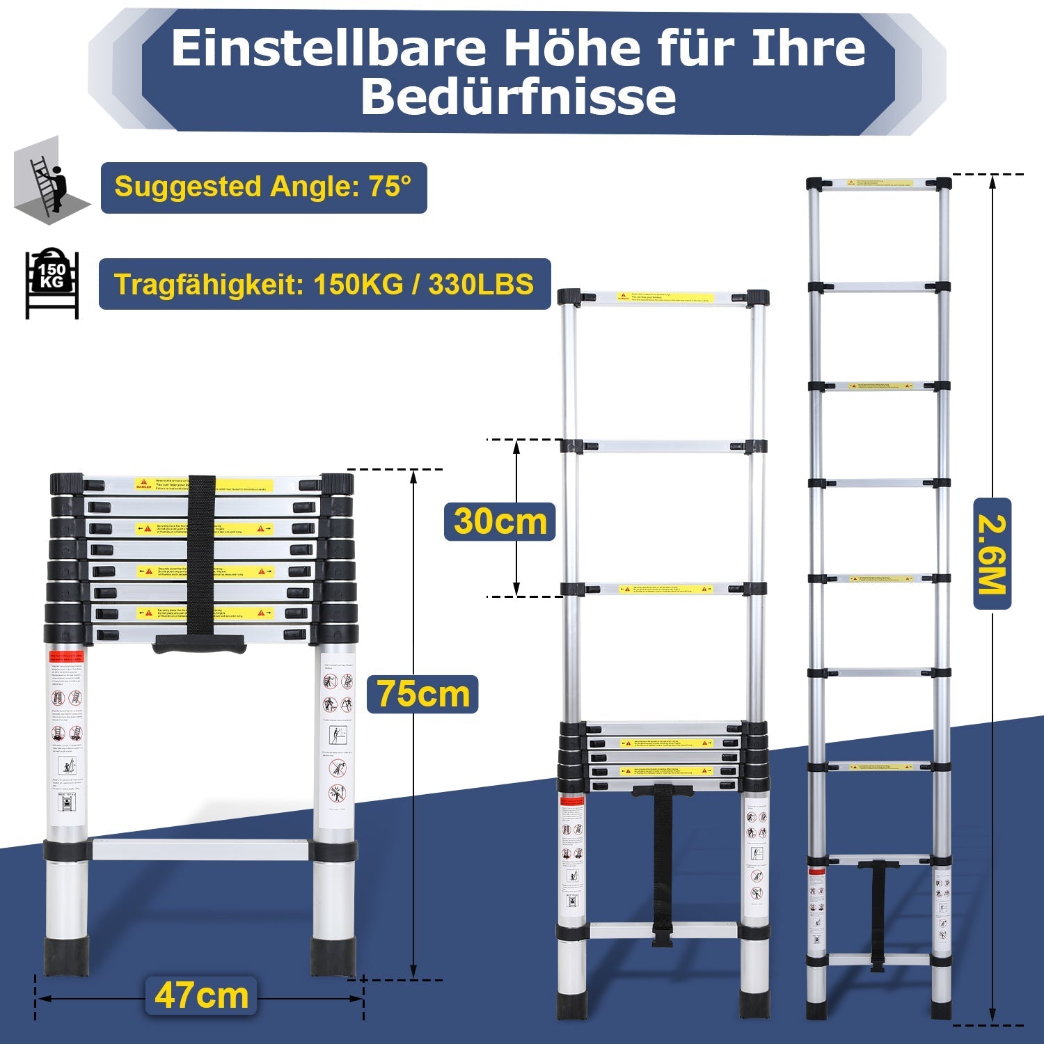 Jopassy Teleskopleiter Aluminium 2,6–5 m bis 150 kg für Haus und Garten