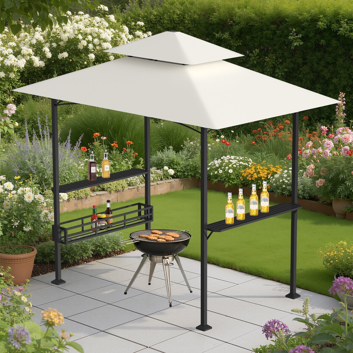 Jopassy Grillpavillon Beige 238 x 148 x 250 cm mit Seitenregalen für Garten BBQ
