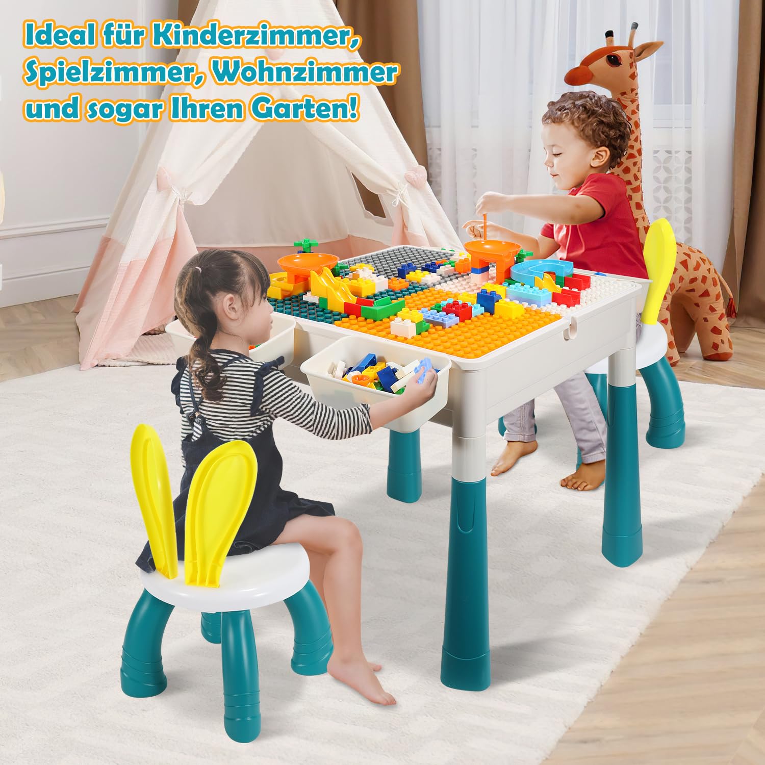 Jopassy 7-in-1 Bausteintisch für Kinder mit 2 Stühlen 251 Bausteinen höhenverstellbar