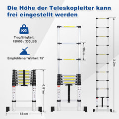 Jopassy Teleskopleiter Aluminium 2,6–5 m mit Stabilisator und breiten Trittstufen bis 150 kg