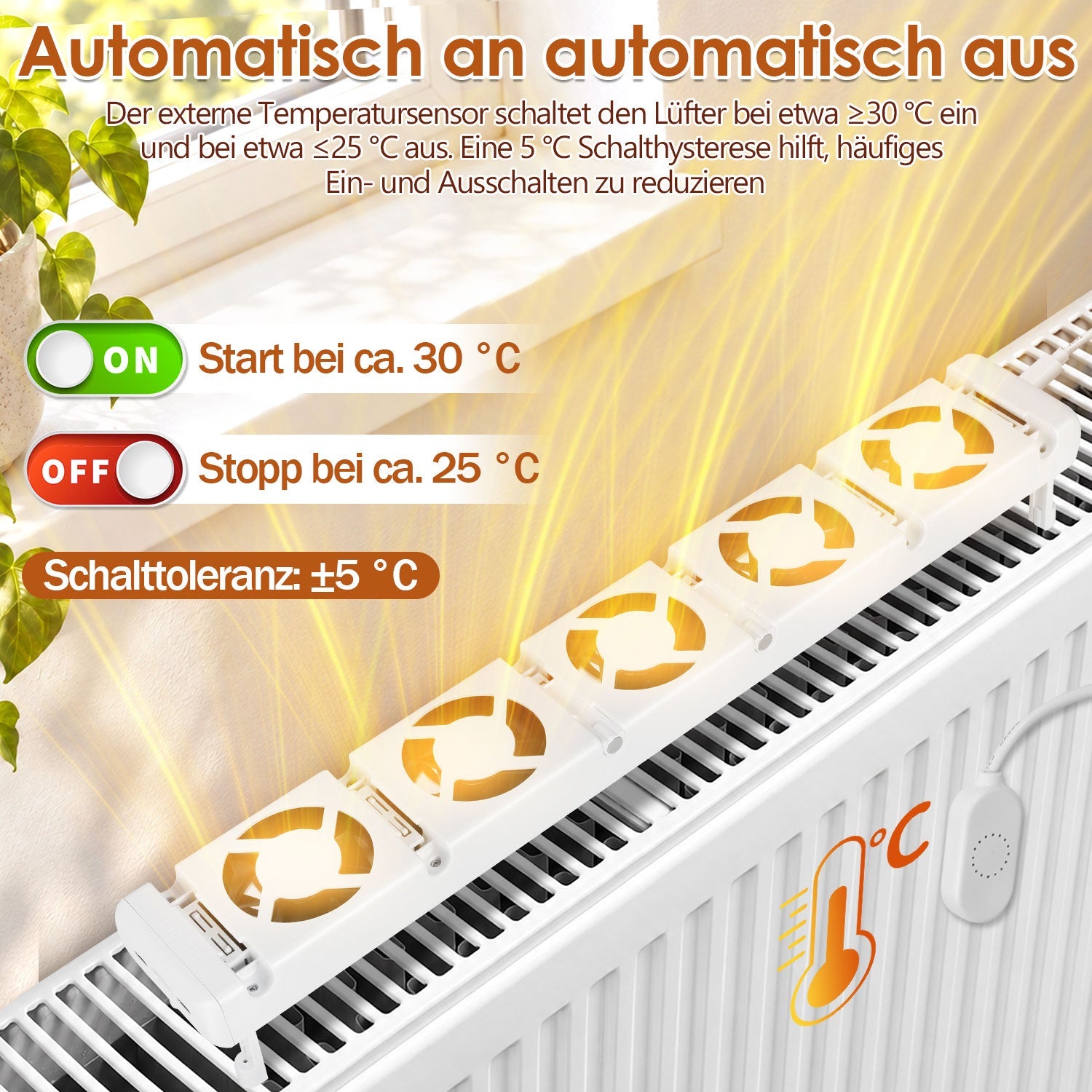 Jopassy Heizkörperventilator 3/5 Lüfter mit Temperatursensor 5 Stufen für Warmwasser Heizkörper