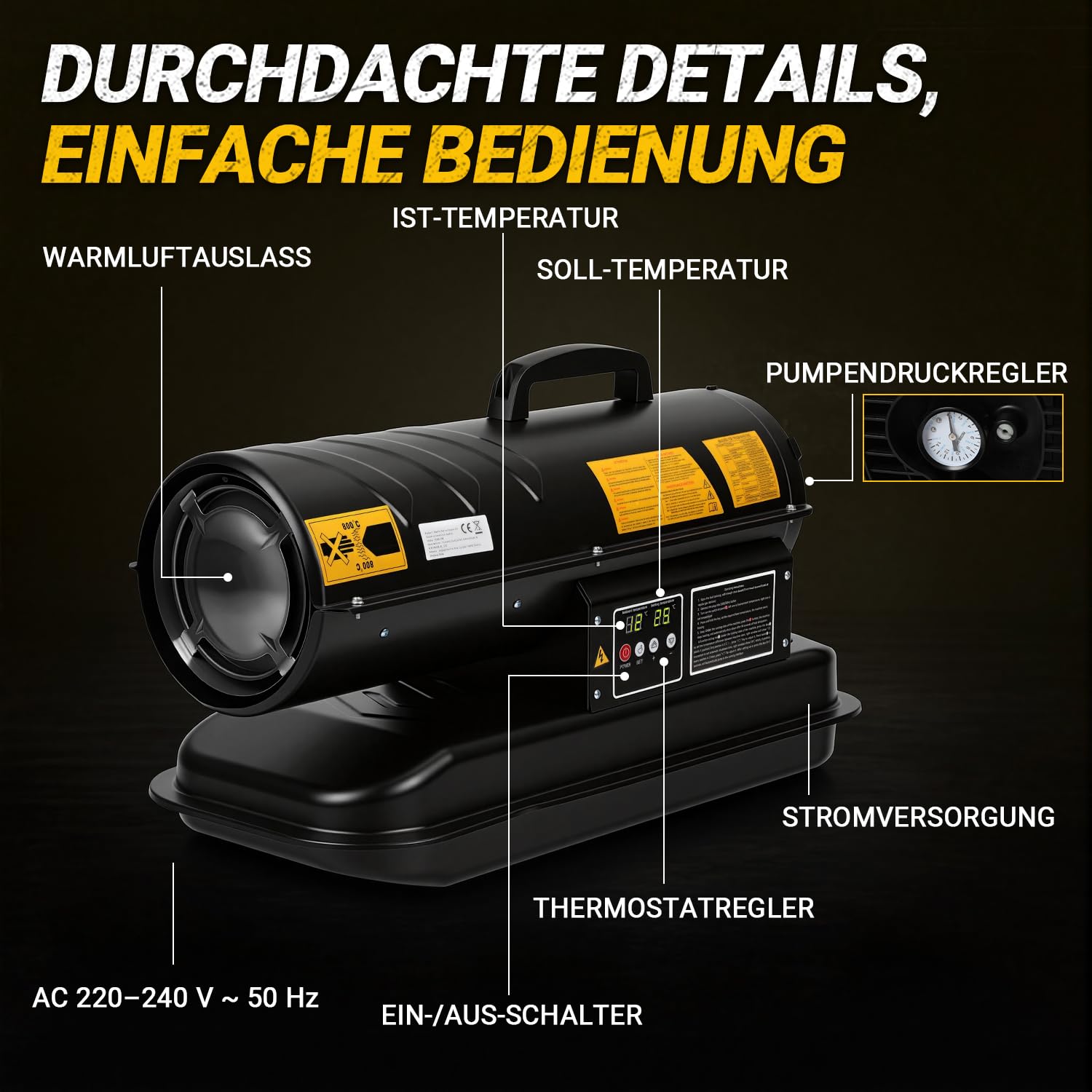 Jopassy Diesel Heizkanone 20 kW Bauheizer mit 22L Tank Thermostat und Digitaldisplay