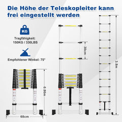 Jopassy Teleskopleiter Aluminium 2,6–5 m mit Stabilisator und breiten Trittstufen bis 150 kg