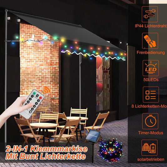 Jopassy Klemmmarkise mit Handkurbel und Solar LED für Balkon und Terrasse