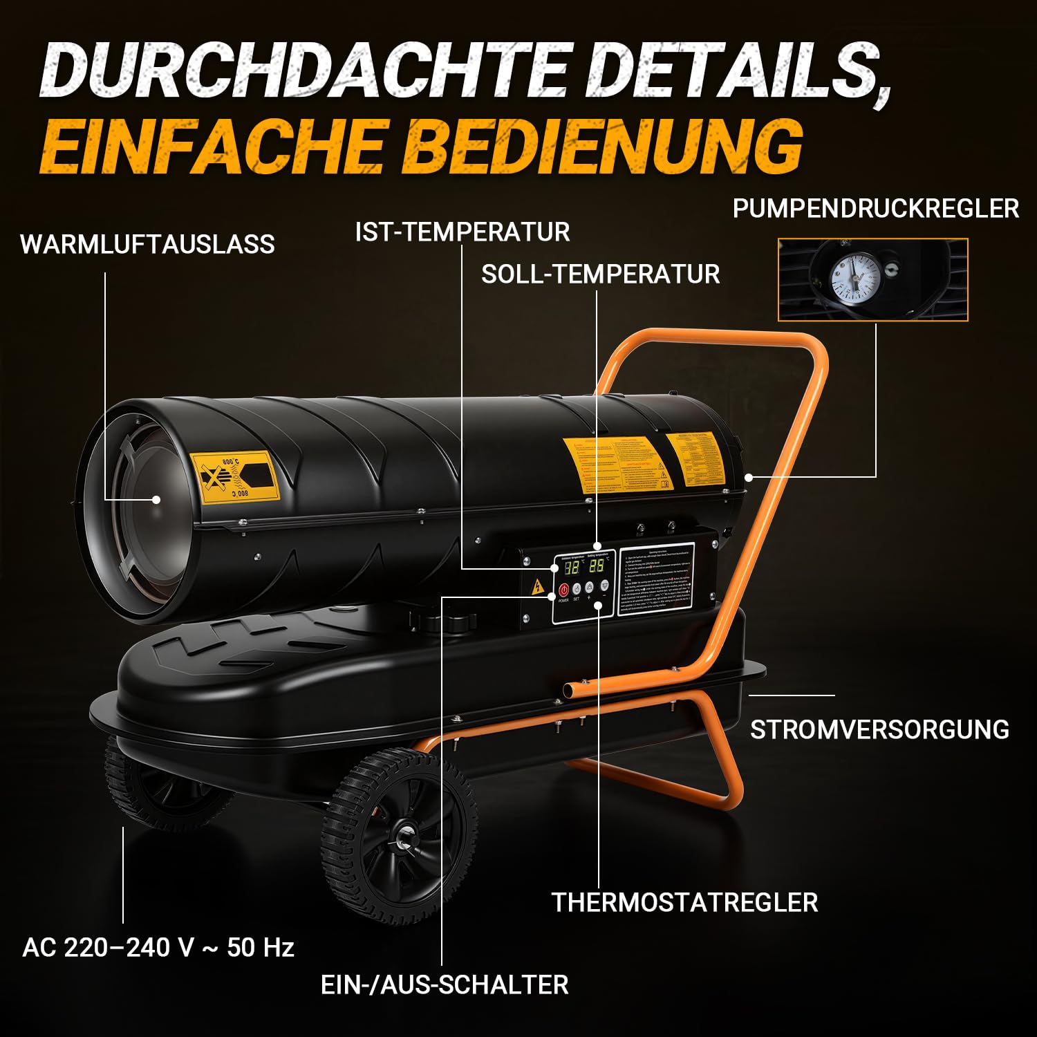 Jopassy Diesel Heizkanone 30 kW mit 38L Tank Thermostat Digitaldisplay und Rollen