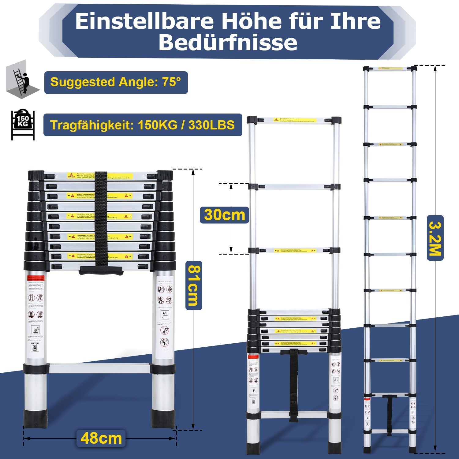 Jopassy Teleskopleiter Aluminium 2,6–5 m bis 150 kg für Haus und Garten