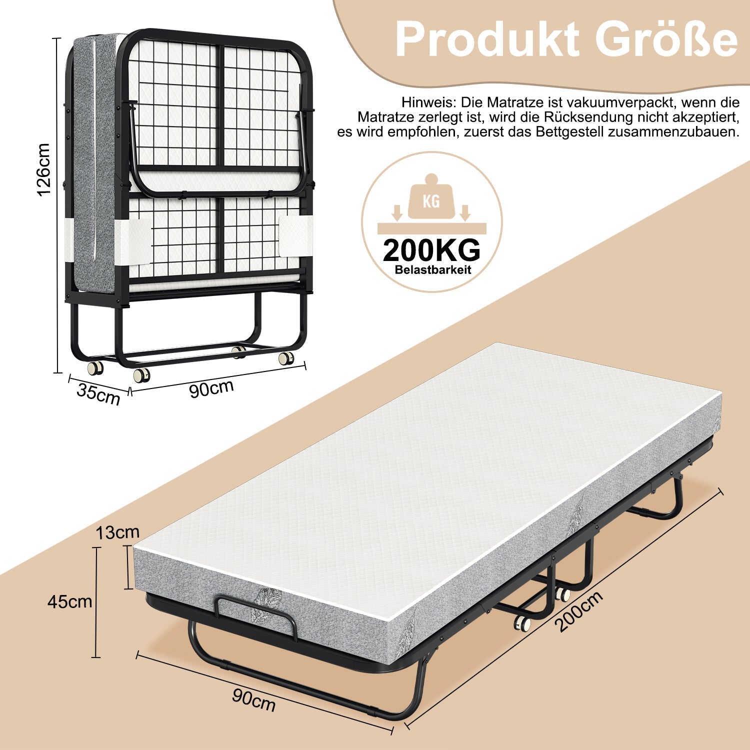 Jopassy Klappbett 90 x 200 cm mit 13 cm Matratze, klappbares Gästebett mit Rollen, bis 200 kg