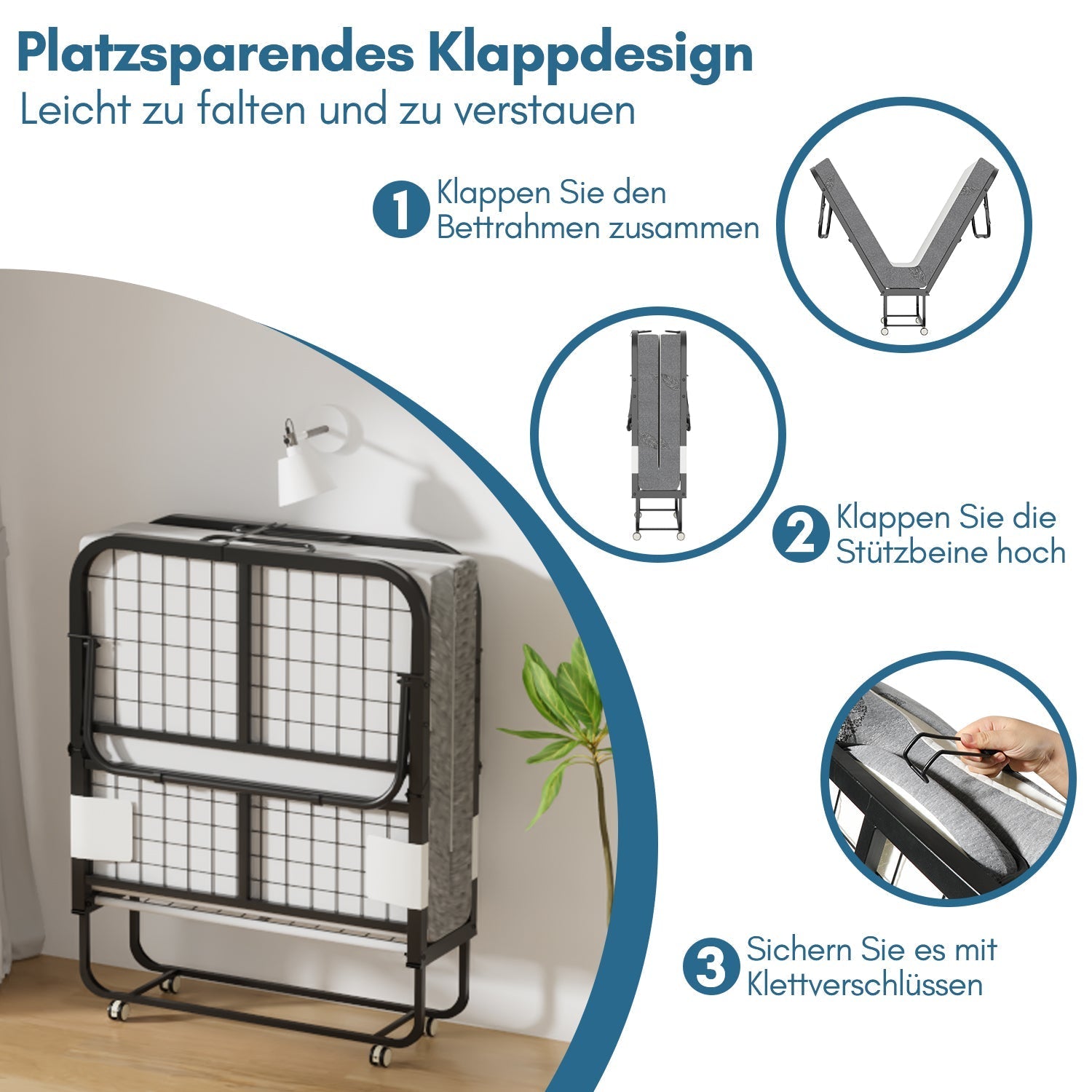 Jopassy Klappbett 90 x 200 cm mit 13 cm Matratze, klappbares Gästebett mit Rollen, bis 200 kg