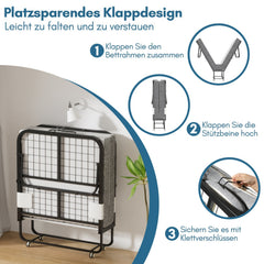 Jopassy Klappbett 90 x 200 cm mit 13 cm Matratze, klappbares Gästebett mit Rollen, bis 200 kg