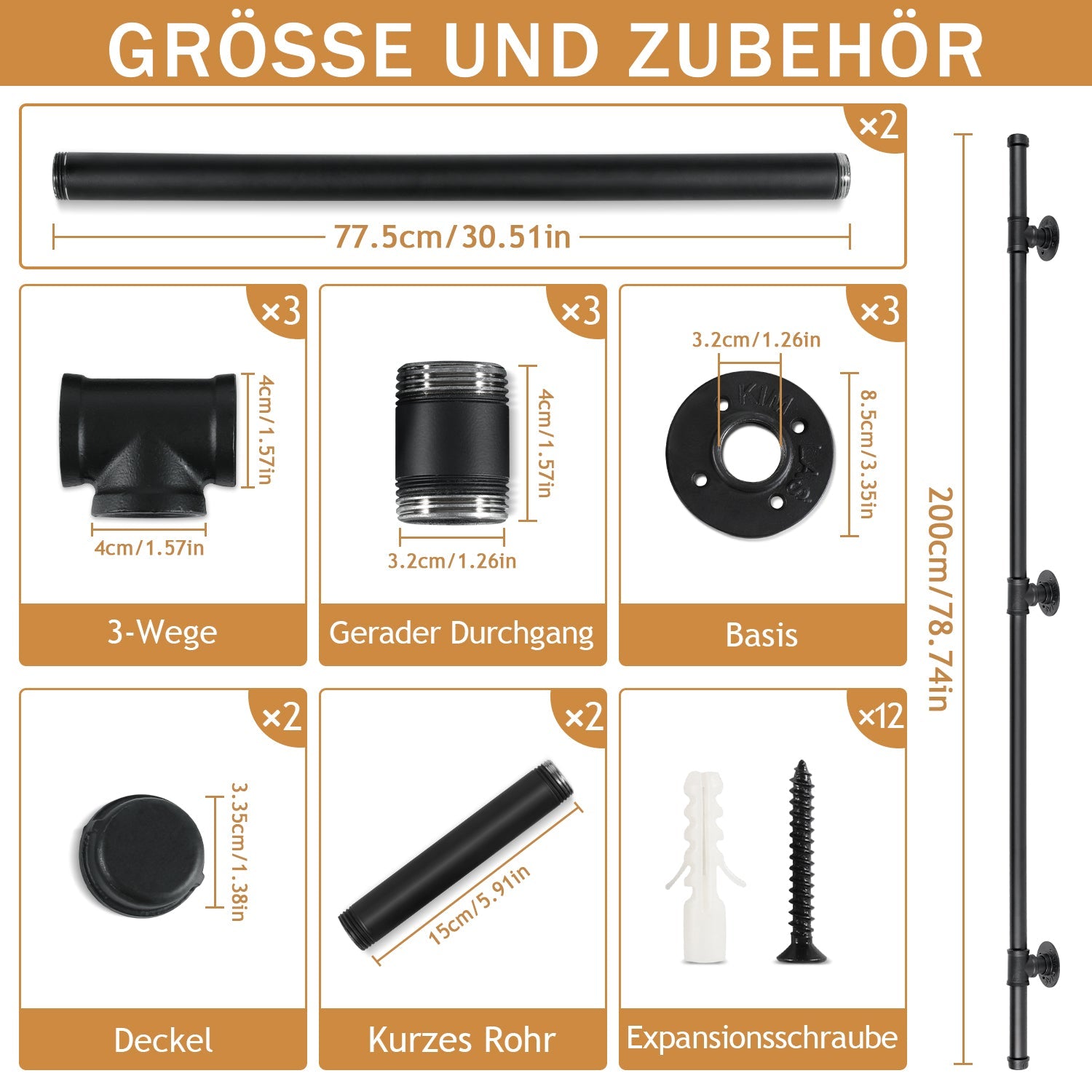 Jopassy Treppengeländer Handlauf Schwarz 100-300 cm Rundrohr für Innen und Außen