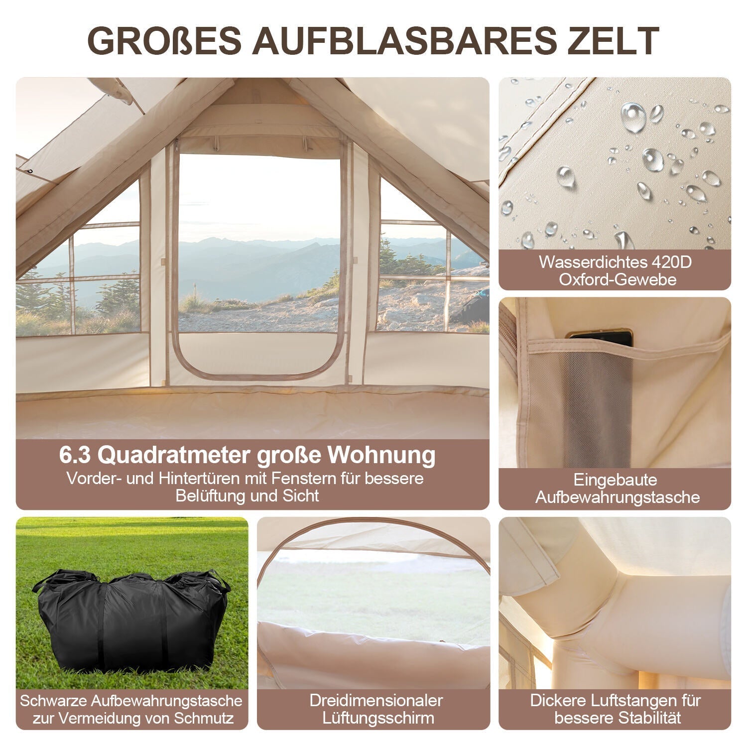 Jopassy Aufblasbares Campingzelt 6.3㎡ Luftzelt mit Dachfenster und Tragetasche