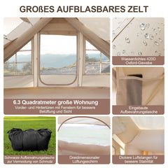 Jopassy Aufblasbares Campingzelt 6.3㎡ Luftzelt mit Dachfenster und Tragetasche