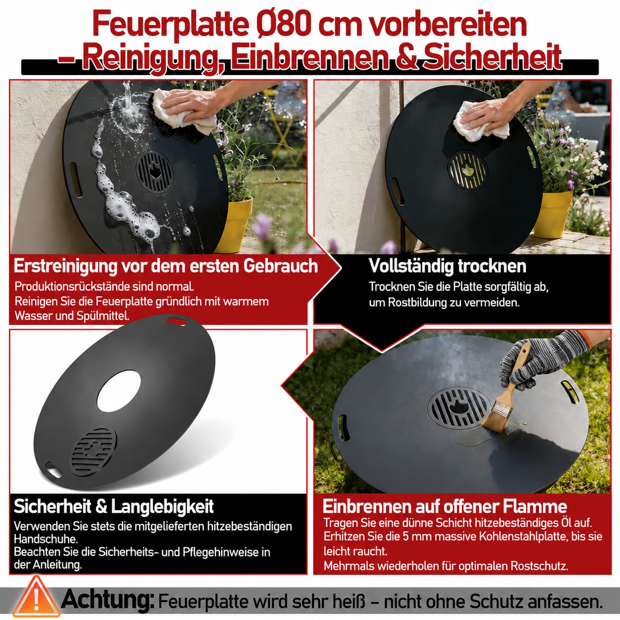 Jopassy Feuerplatte 80 cm aus 5 mm Carbonstahl mit herausnehmbarem Grilleinsatz
