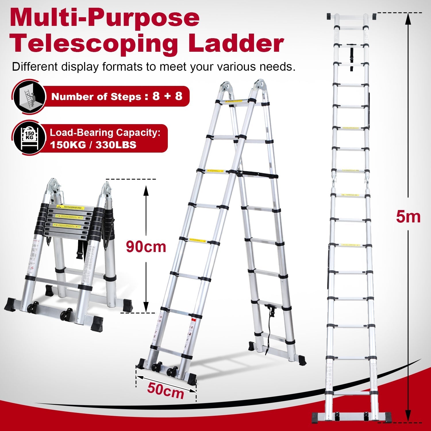 Jopassy Teleskopleiter 5 m klappbar Aluminium Ausziehleiter 150 kg