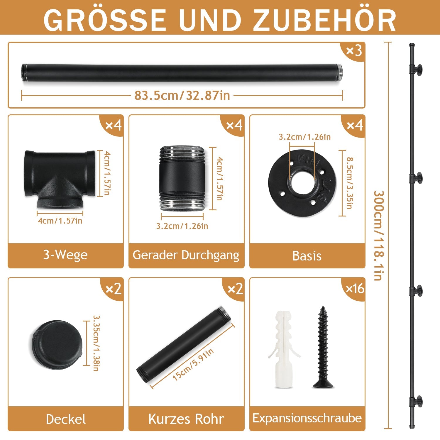 Jopassy Treppengeländer Handlauf Schwarz 100-300 cm Rundrohr für Innen und Außen