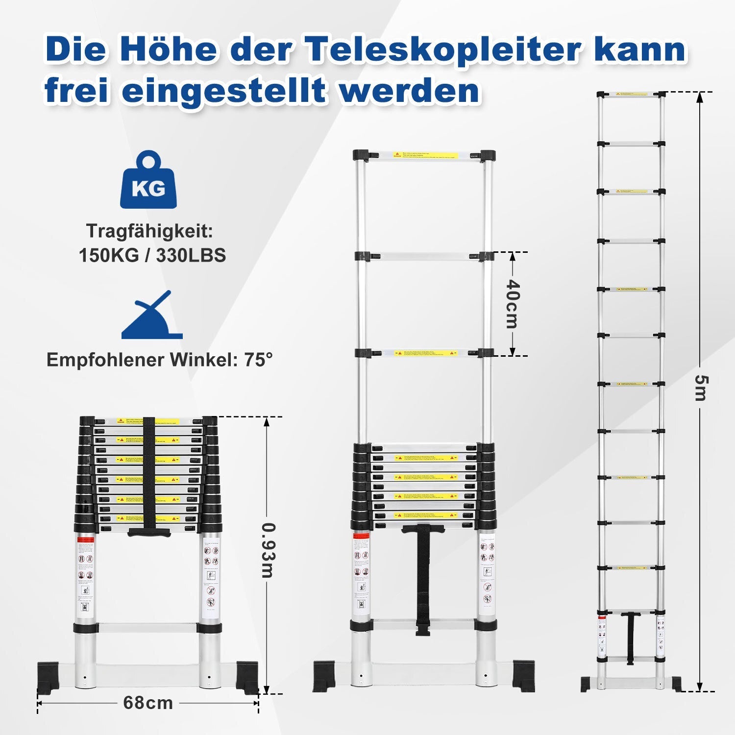 Jopassy Teleskopleiter Aluminium 2,6–5 m mit Stabilisator und breiten Trittstufen bis 150 kg