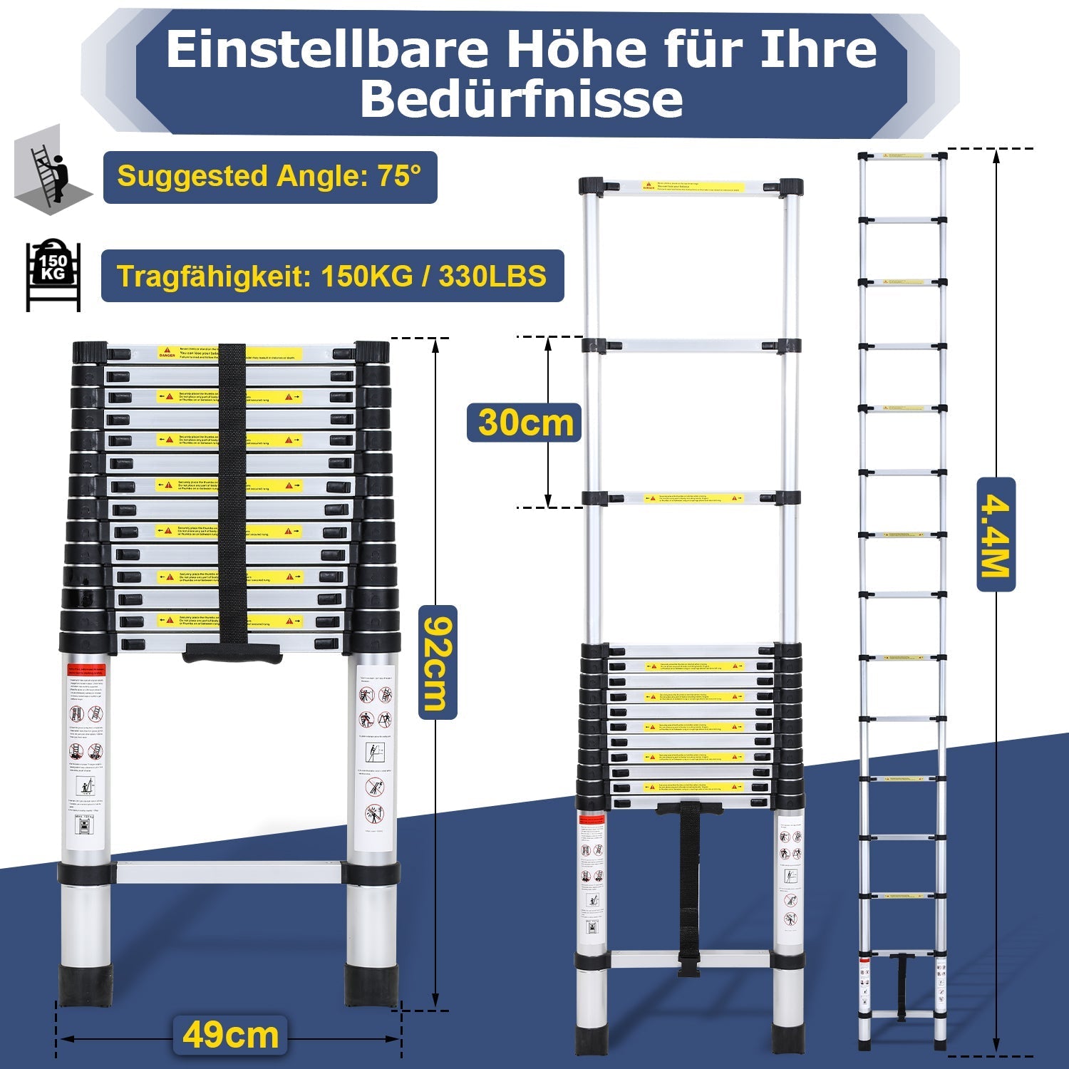 Jopassy Teleskopleiter Aluminium 2,6–5 m bis 150 kg für Haus und Garten