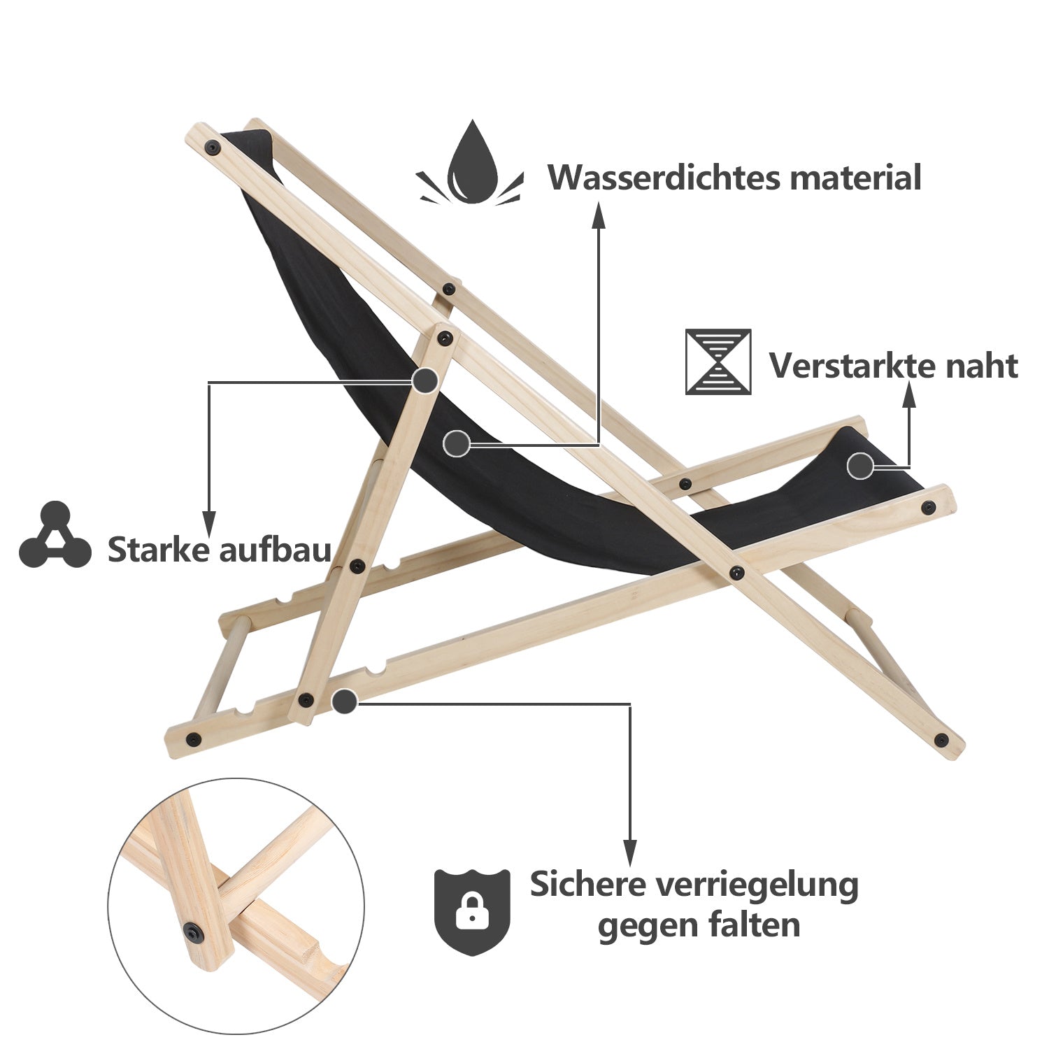 Jopassy Klappbarer Liegestuhl aus Holz bis 120 kg für Garten Strand und Camping