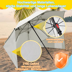 Jopassy Strandmuschel Ø210×220 cm, Sonnenschirm UV50+, 2-in-1 Alu Strandschirm mit Windschutz, faltbar & leicht