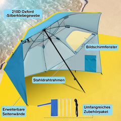 Jopassy Strandmuschel Ø210×220 cm, Sonnenschirm UV50+, 2-in-1 Alu Strandschirm mit Windschutz, faltbar & leicht