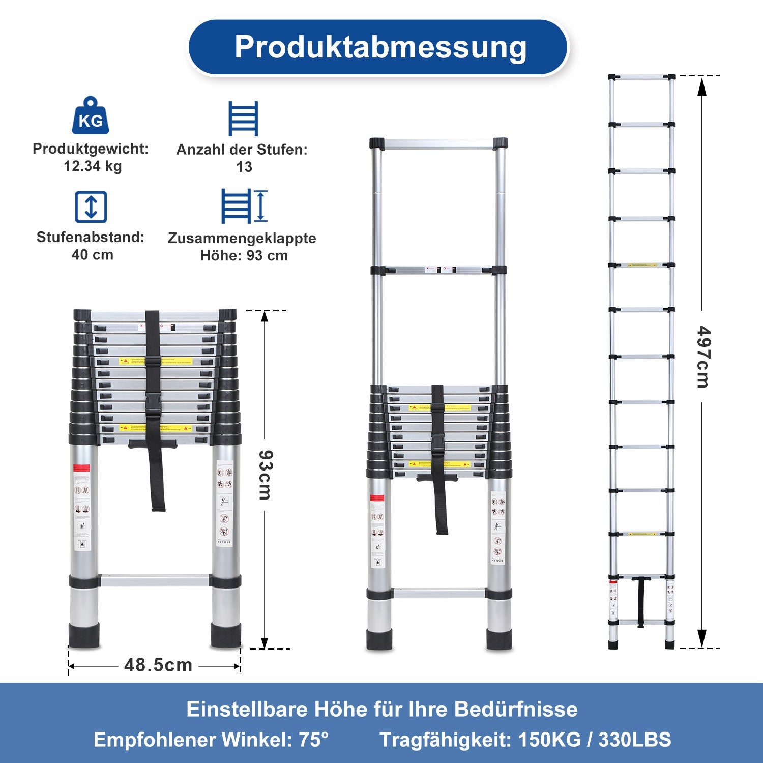 Jopassy Teleskopleiter Aluminium 2,6–5 m bis 150 kg für Haus und Garten