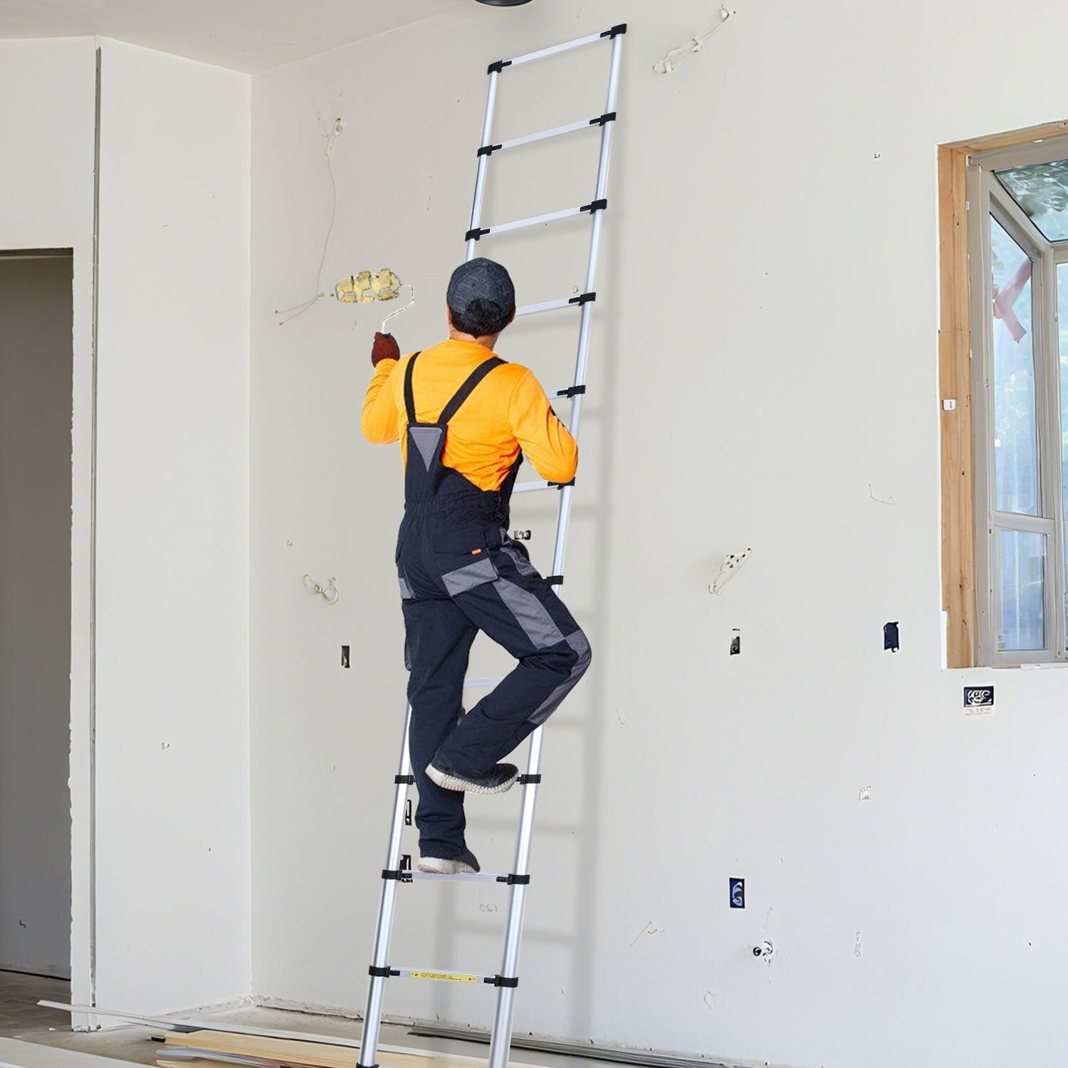 Jopassy Teleskopleiter Aluminium 2,6–5 m mit Stabilisator und breiten Trittstufen bis 150 kg