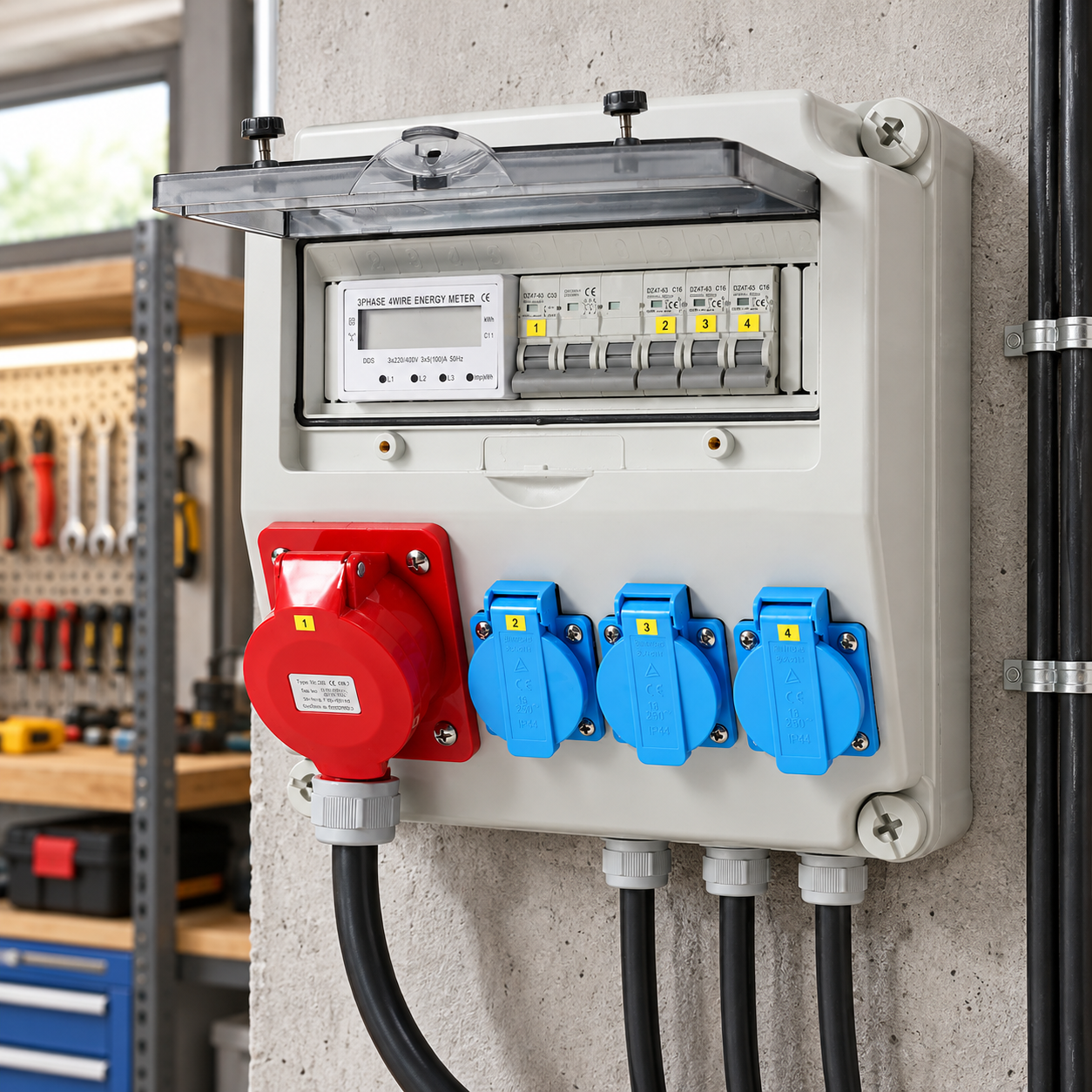 Jopassy Wandverteiler 32A mit 3-Phasen-Stromzähler, CEE 400V und 3×Schuko IP44