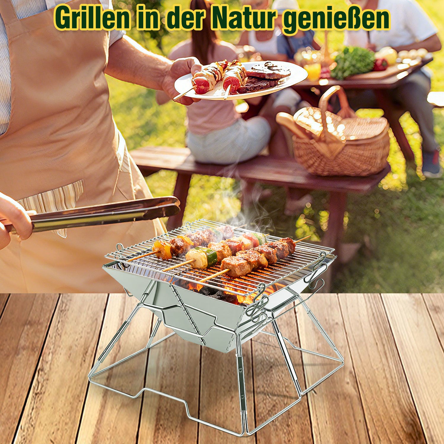 Jopassy Faltbarer Grill aus 304 Edelstahl mit höhenverstellbarem Grillrost und Tragetasche