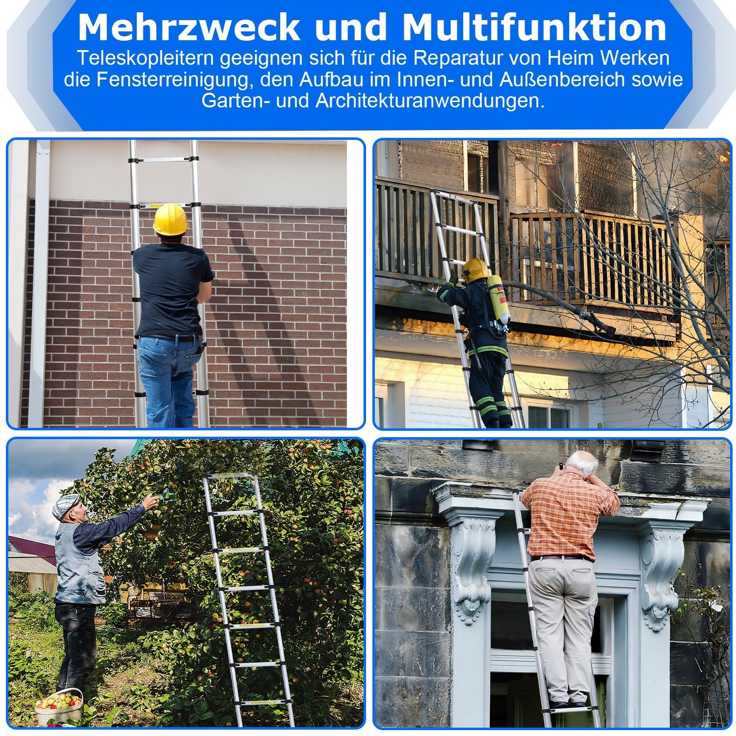 Jopassy Teleskopleiter Aluminium 2,6–5 m bis 150 kg für Haus und Garten