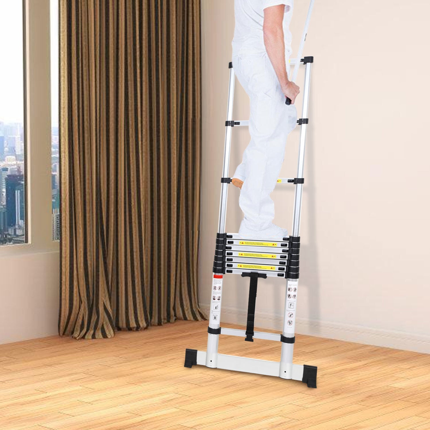 Jopassy Teleskopleiter Aluminium 2,6–5 m mit Stabilisator und breiten Trittstufen bis 150 kg