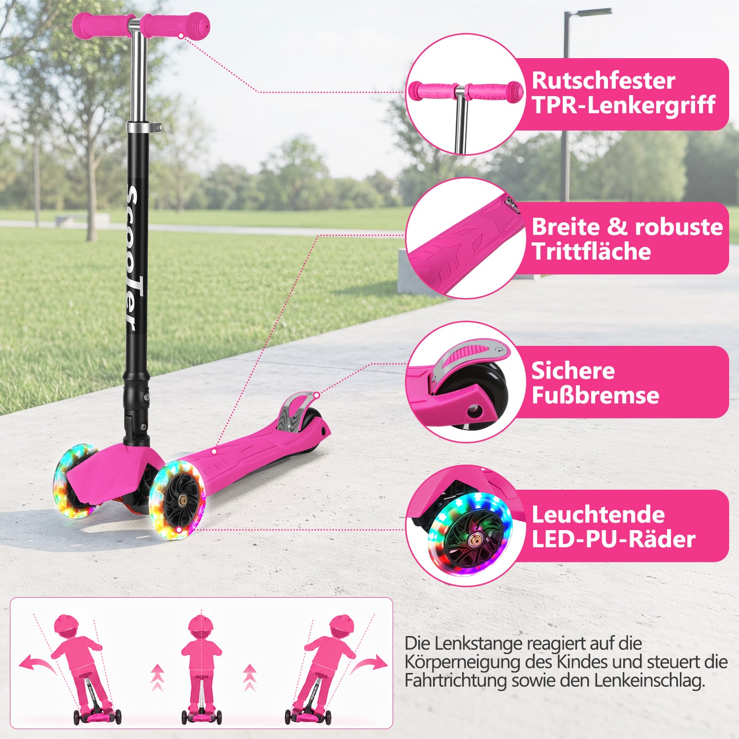 Jopassy Kinderroller mit LED Rädern klappbar 65-82 cm höhenverstellbar