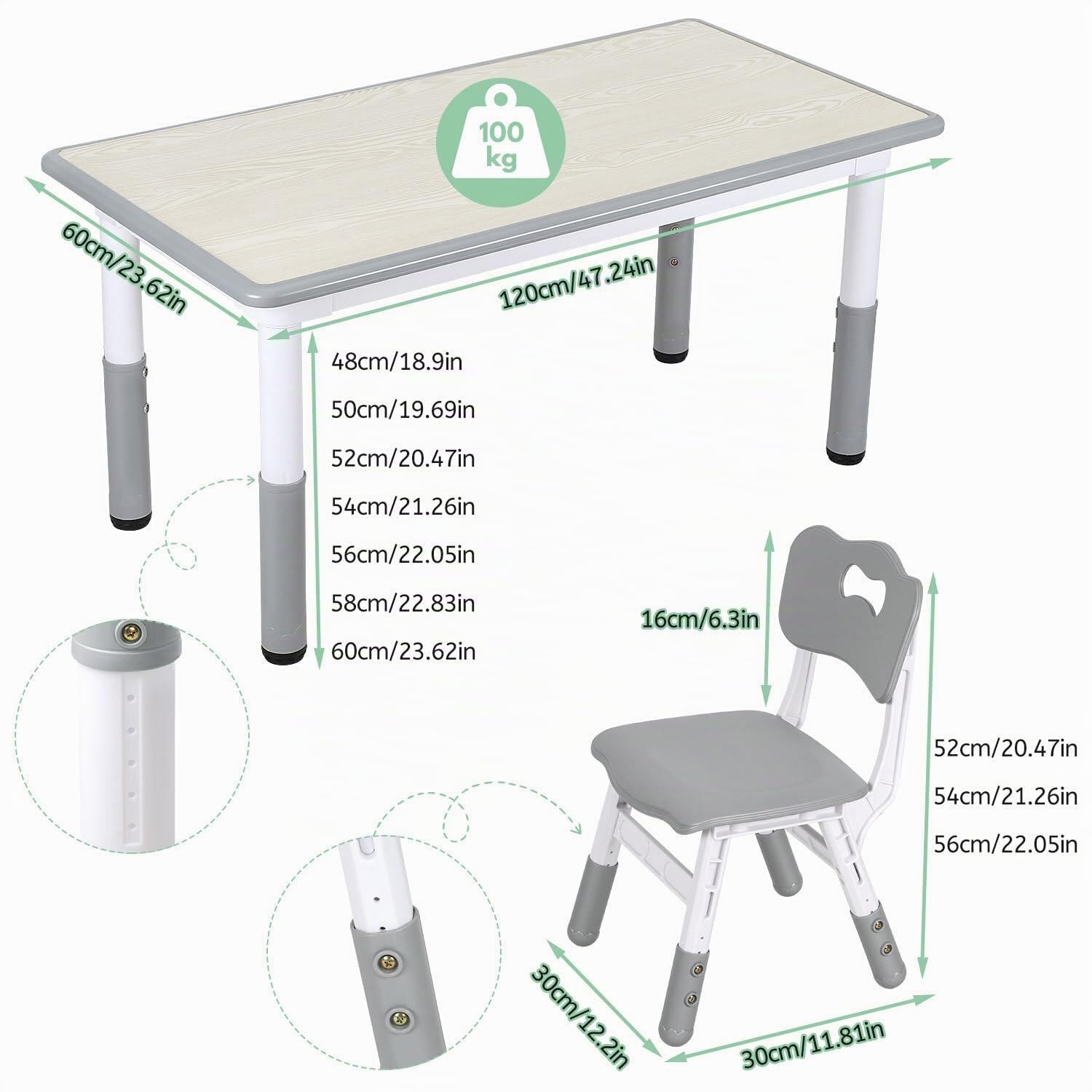Jopassy Kindertisch 60/80/120 cm 7-fach höhenverstellbar als Mal- und Schreibtisch