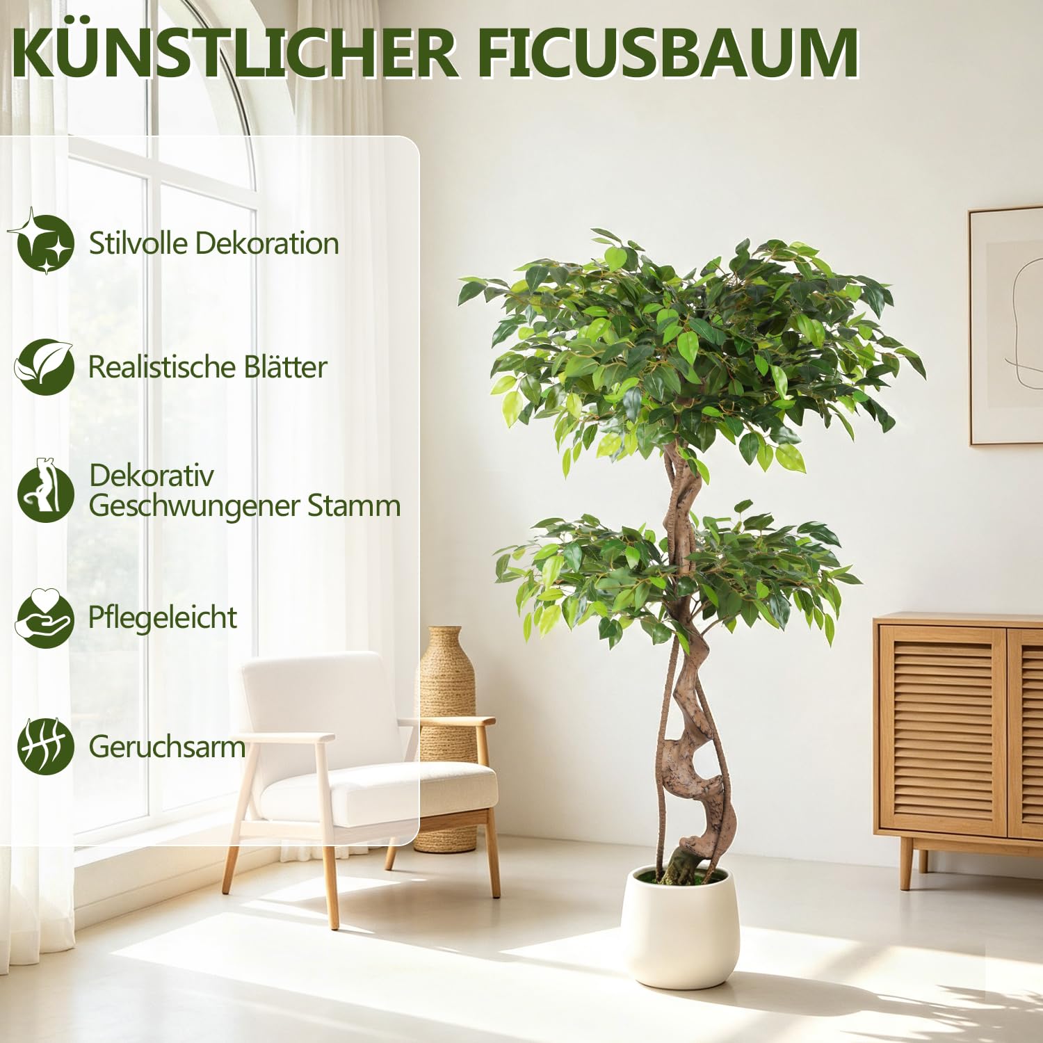 Jopassy Ficus Kunstpflanze 120/150 cm im Topf naturgetreu für Wohnzimmer Büro