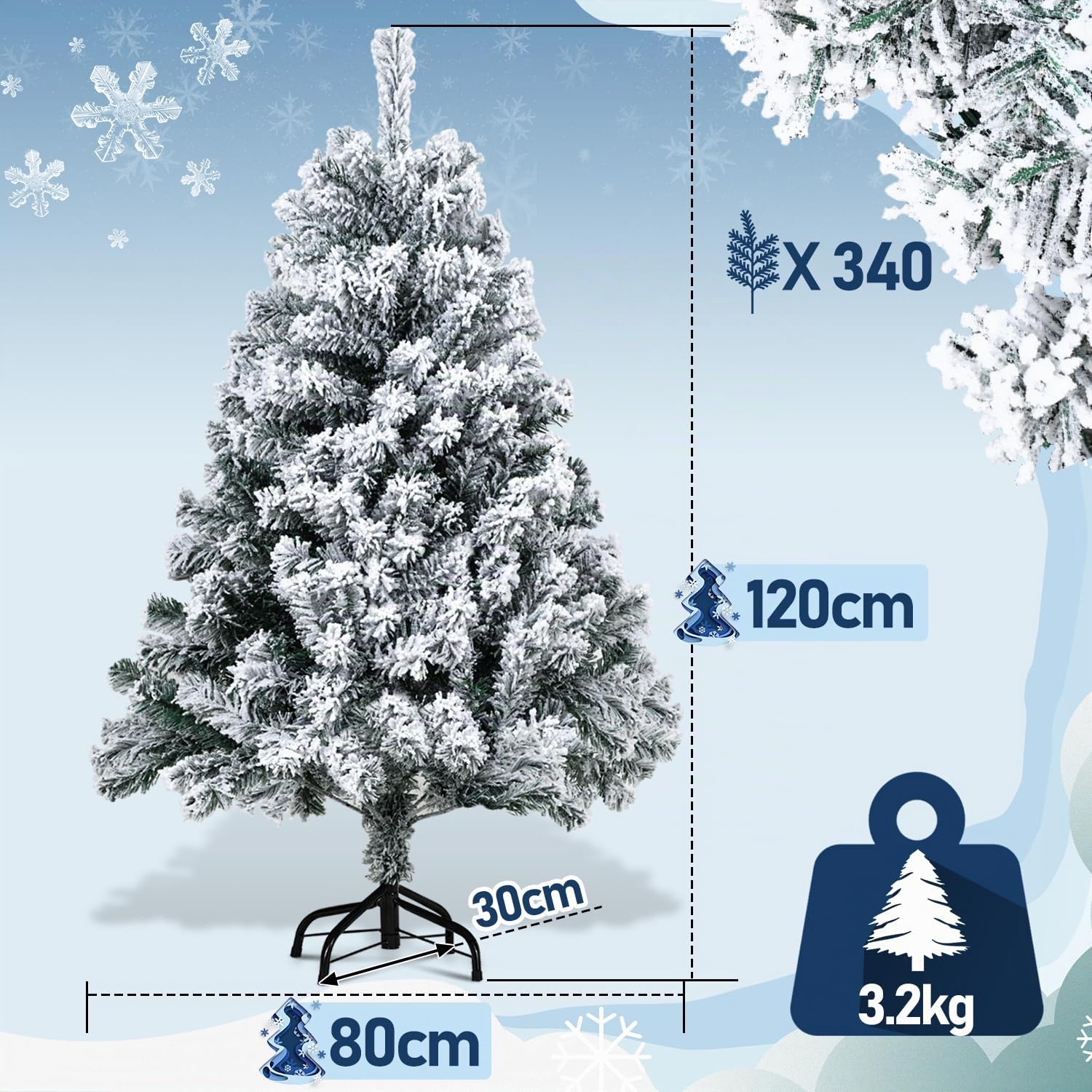 Jopassy Künstlicher Weihnachtsbaum 120/150/180 cm Schneebeflockt mit Metallständer