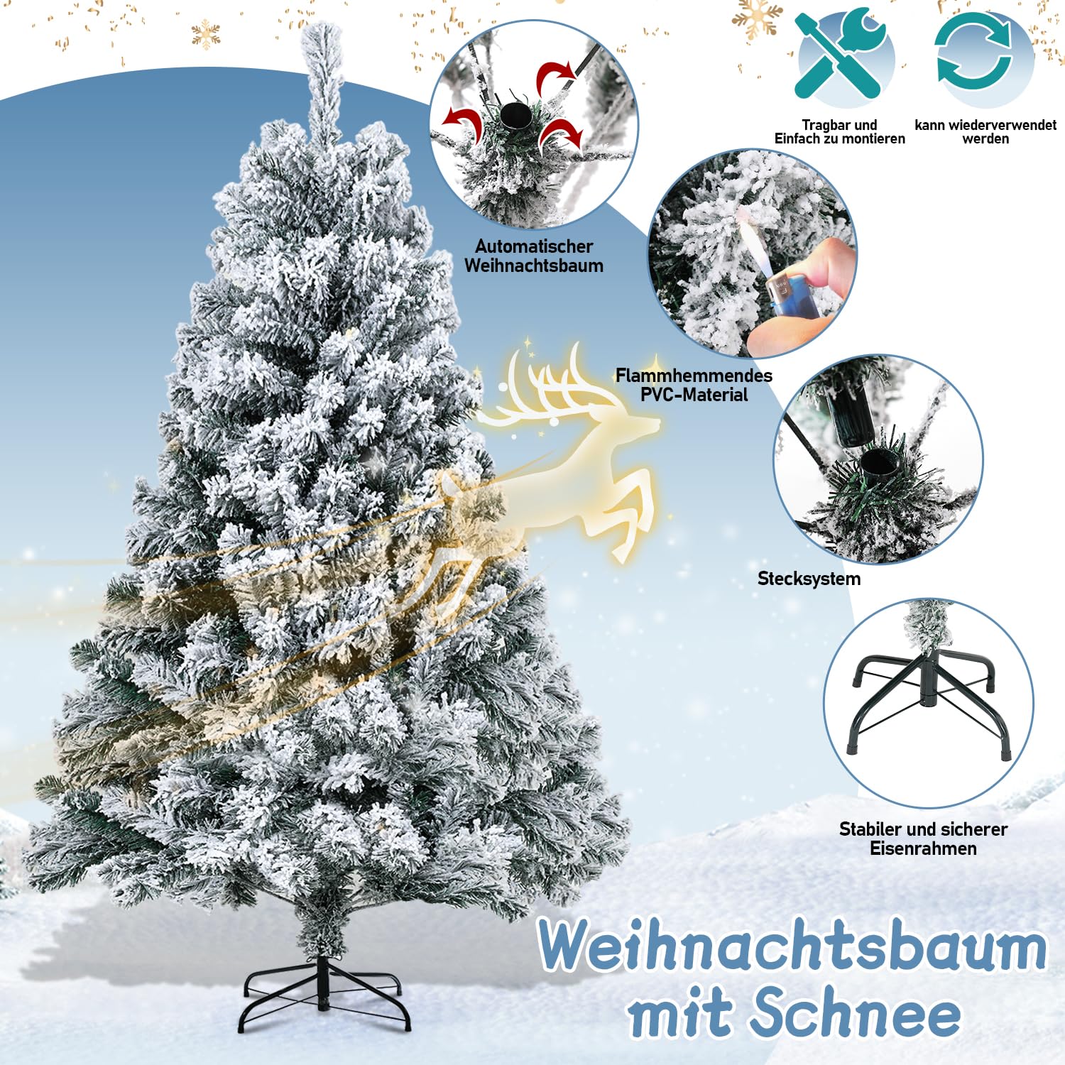 Jopassy Künstlicher Weihnachtsbaum 120/150/180 cm Schneebeflockt mit Metallständer