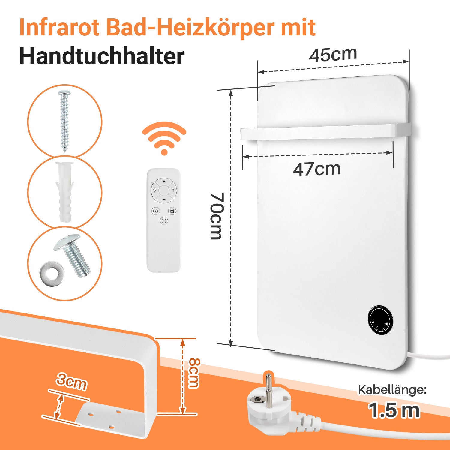 Jopassy Infrarotheizung 400/600W mit Thermostat Tuya App Fernbedienung und Handtuchhalter