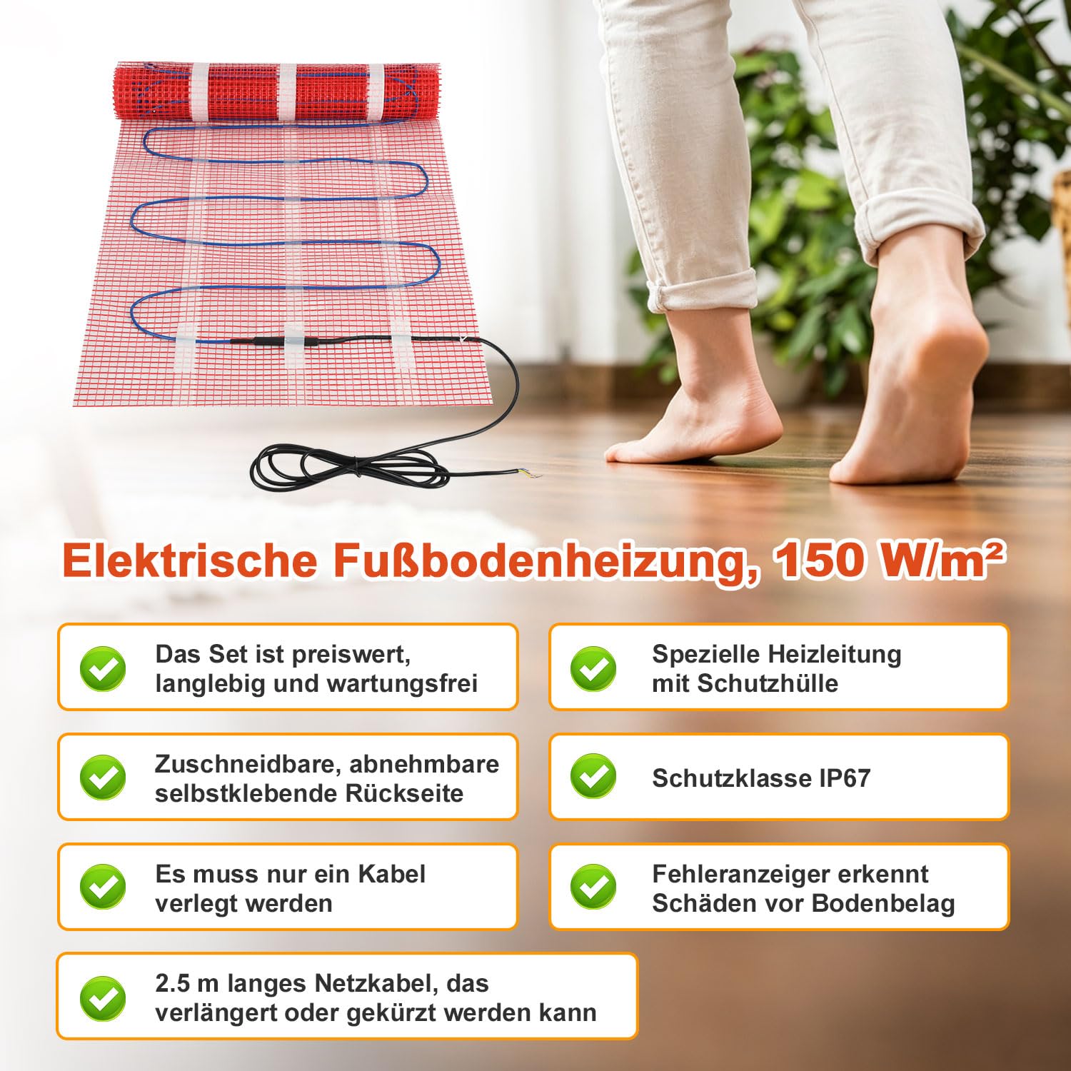 Jopassy Elektrische Fußbodenheizung 150 W/m² für 1–10 m² mit WLAN-Thermostat
