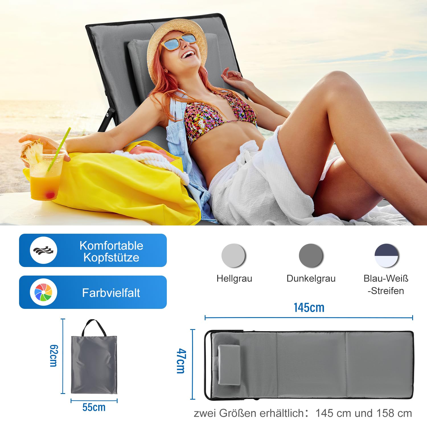 Jopassy Strandliege klappbar 158 cm mit Kissen und Tasche