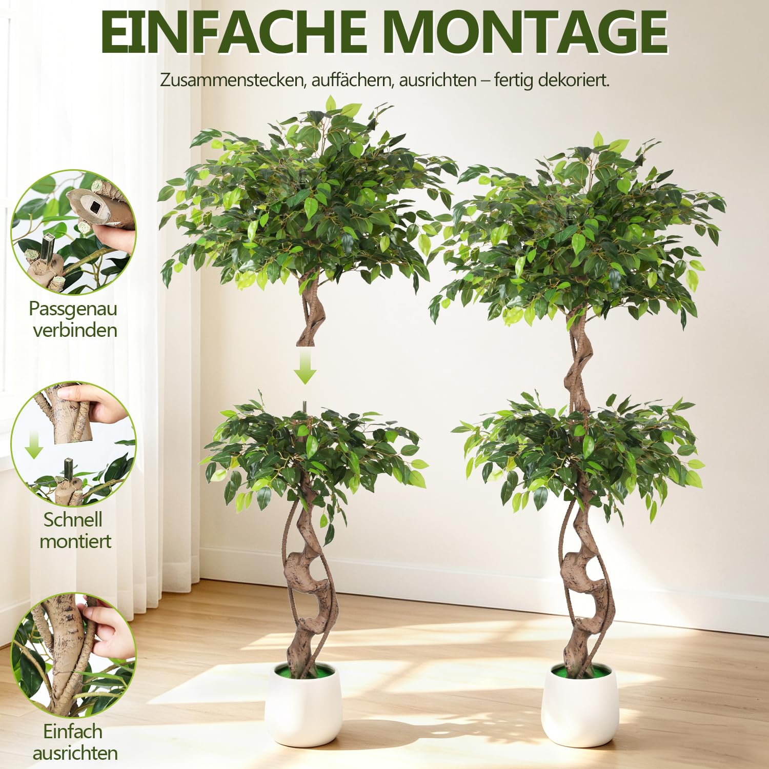 Jopassy Ficus Kunstpflanze 120/150 cm im Topf naturgetreu für Wohnzimmer Büro