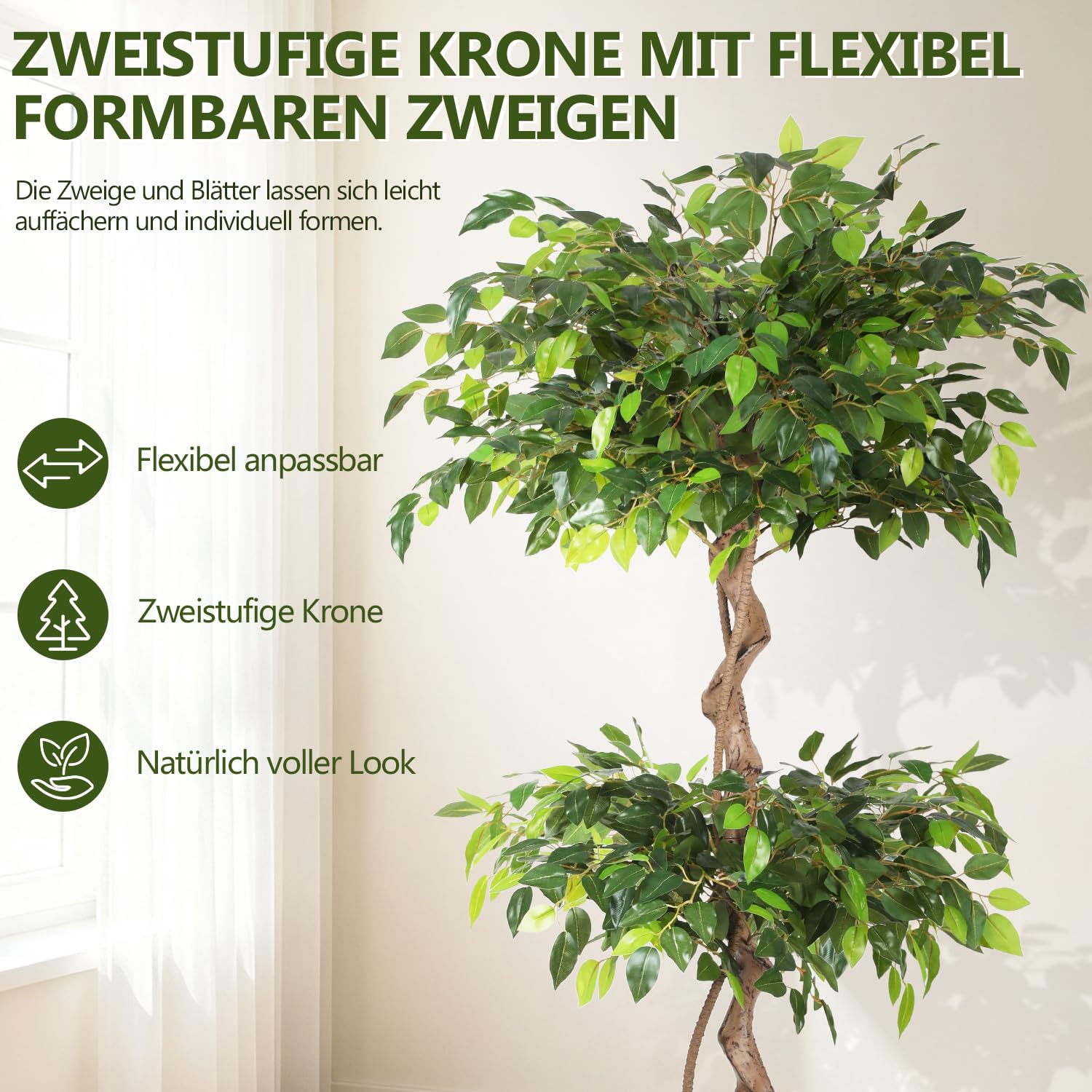 Jopassy Ficus Kunstpflanze 120/150 cm im Topf naturgetreu für Wohnzimmer Büro